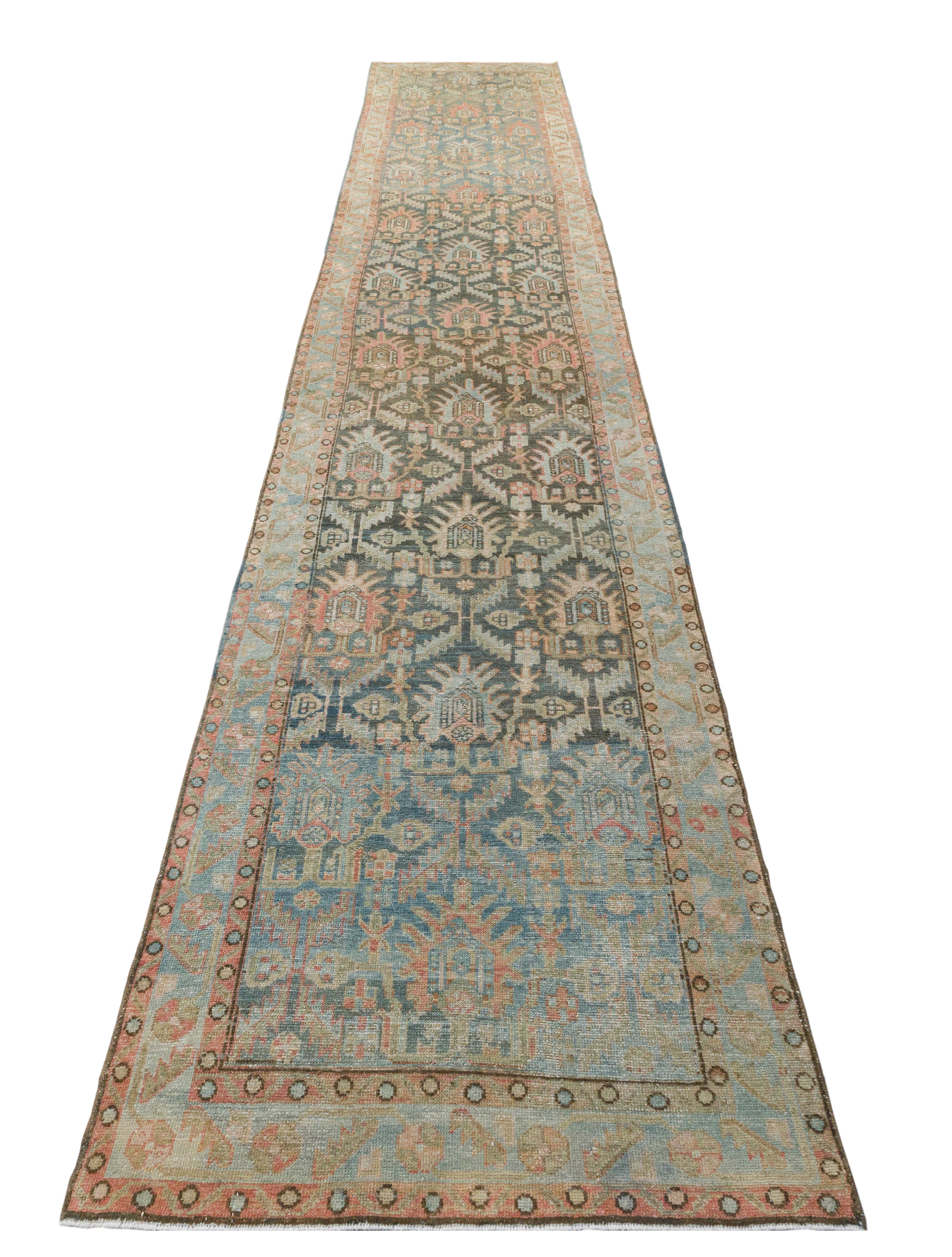 Antique Persian Runner with Sky Blue and Rust Tribal Floral Motif