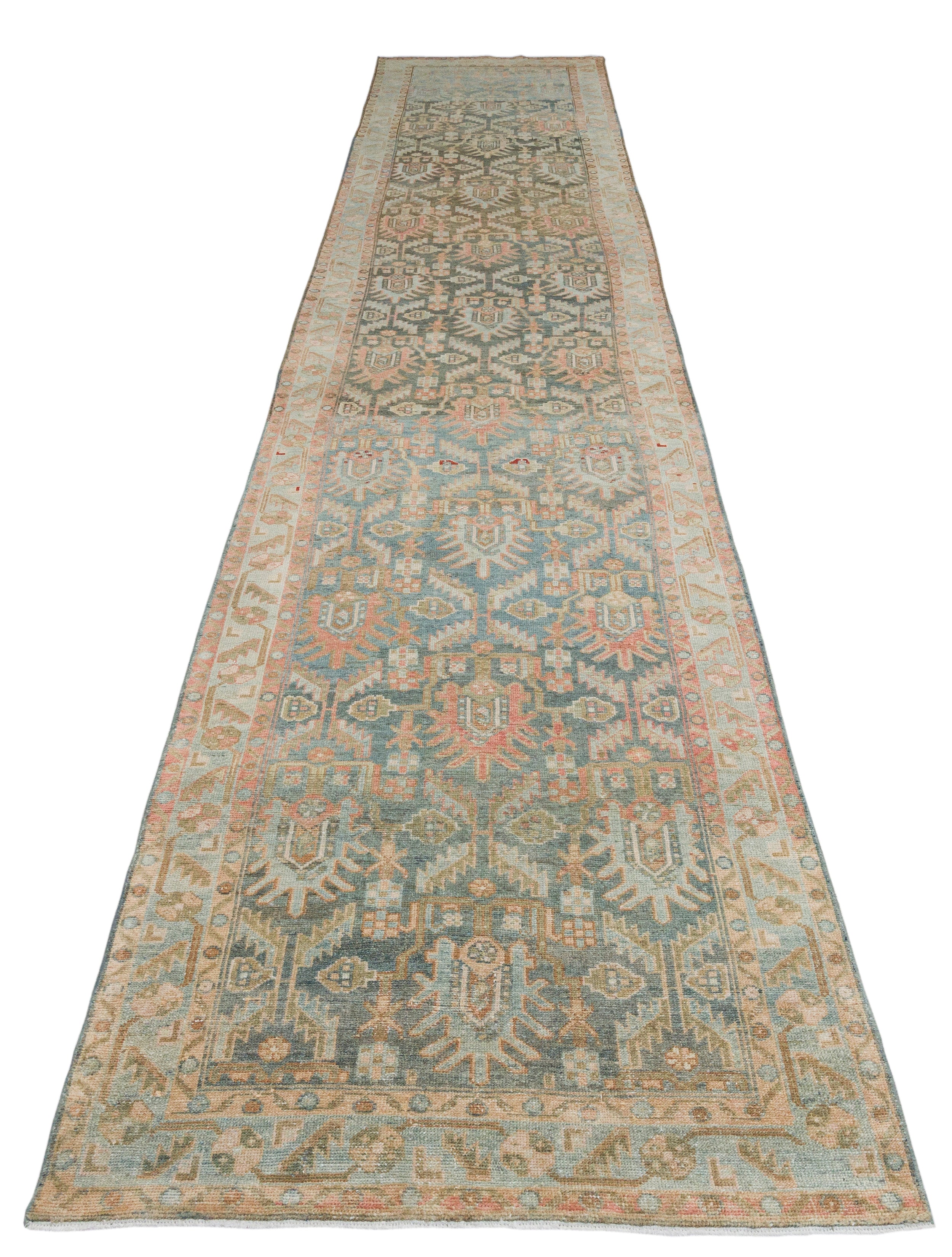 Antique Persian Runner with Sky Blue and Rust Tribal Floral Motif