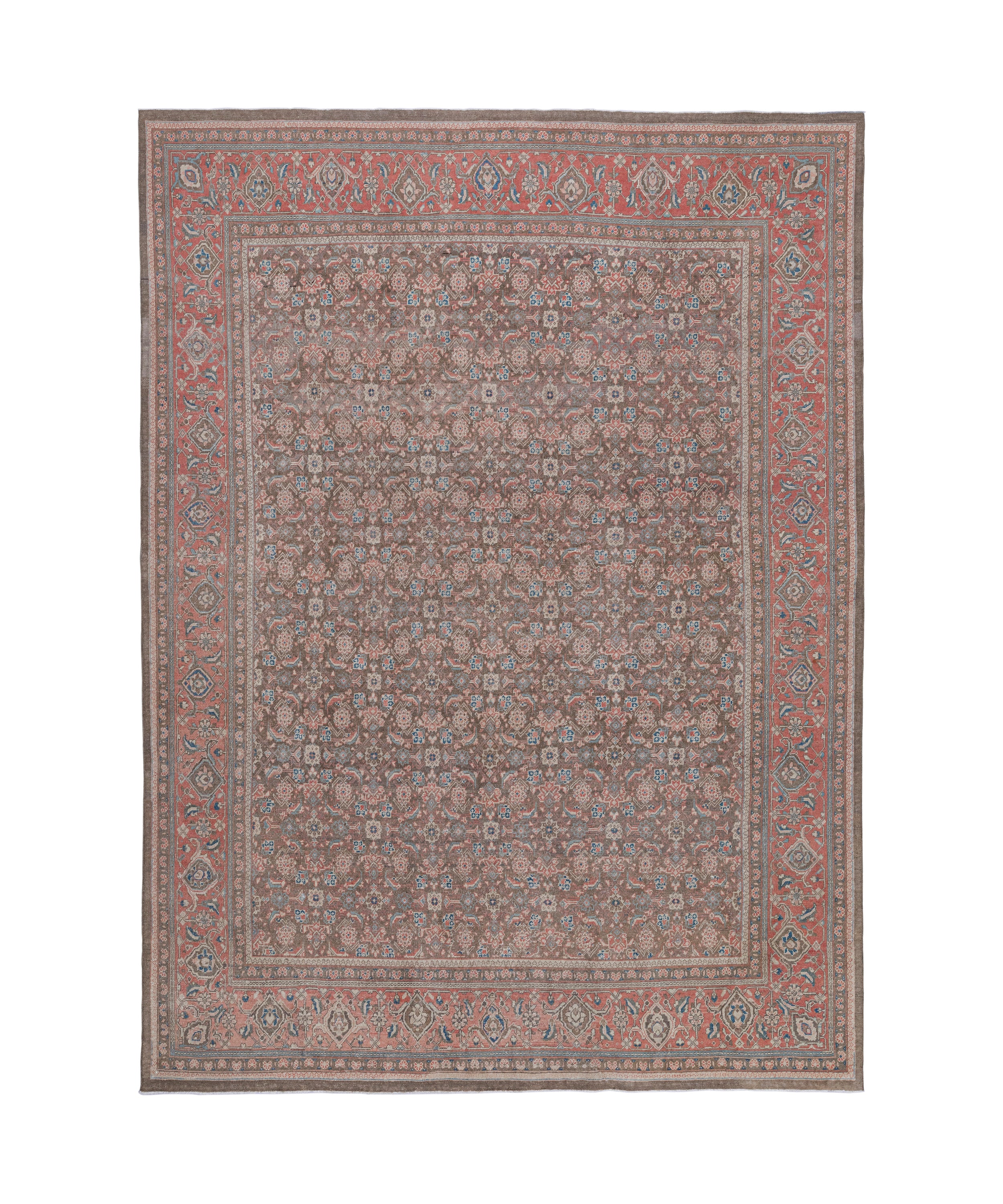 Antique Persian Rug with Brick Red Border and Floral Field Pattern