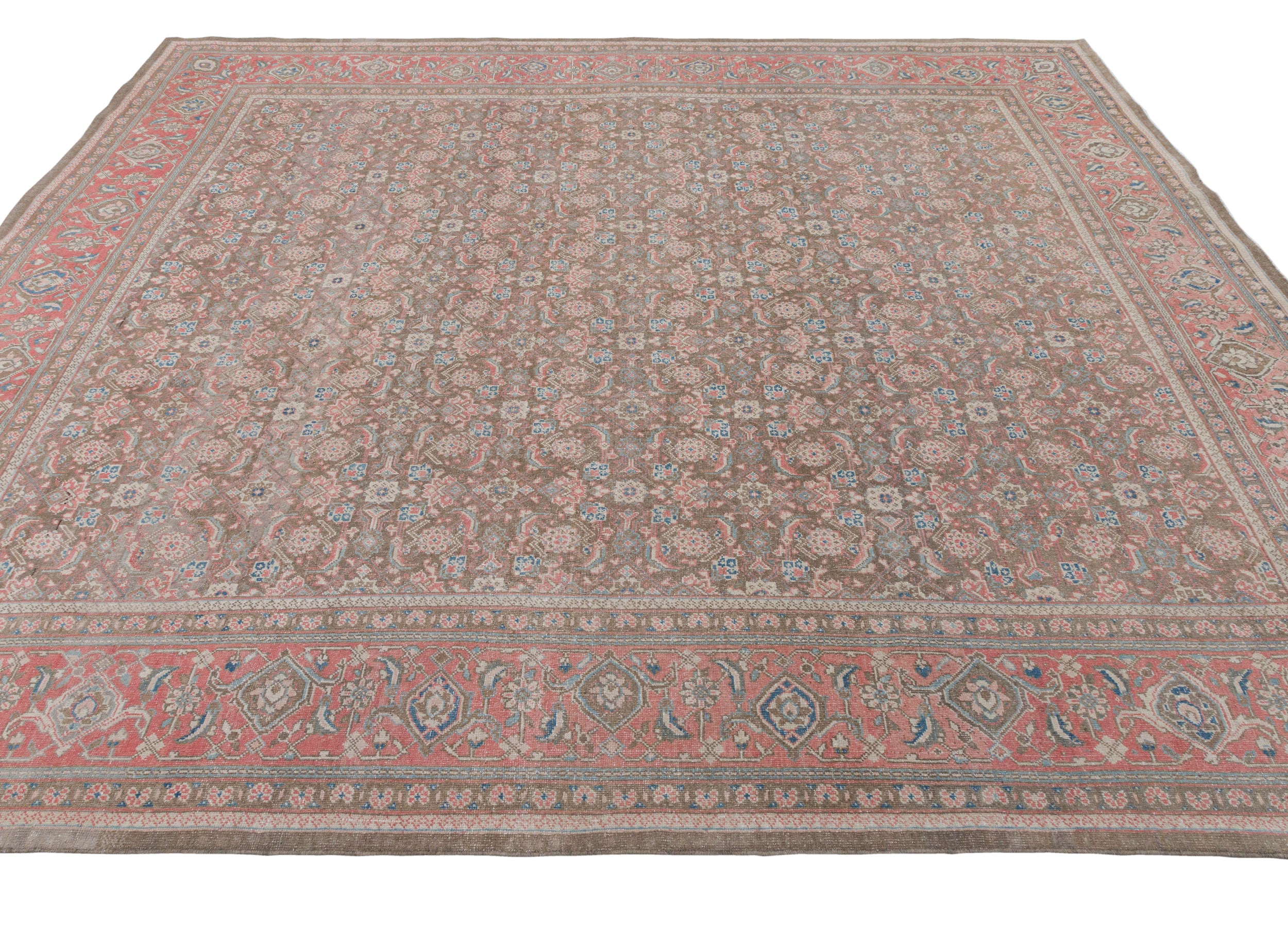 Antique Persian Rug with Brick Red Border and Floral Field Pattern