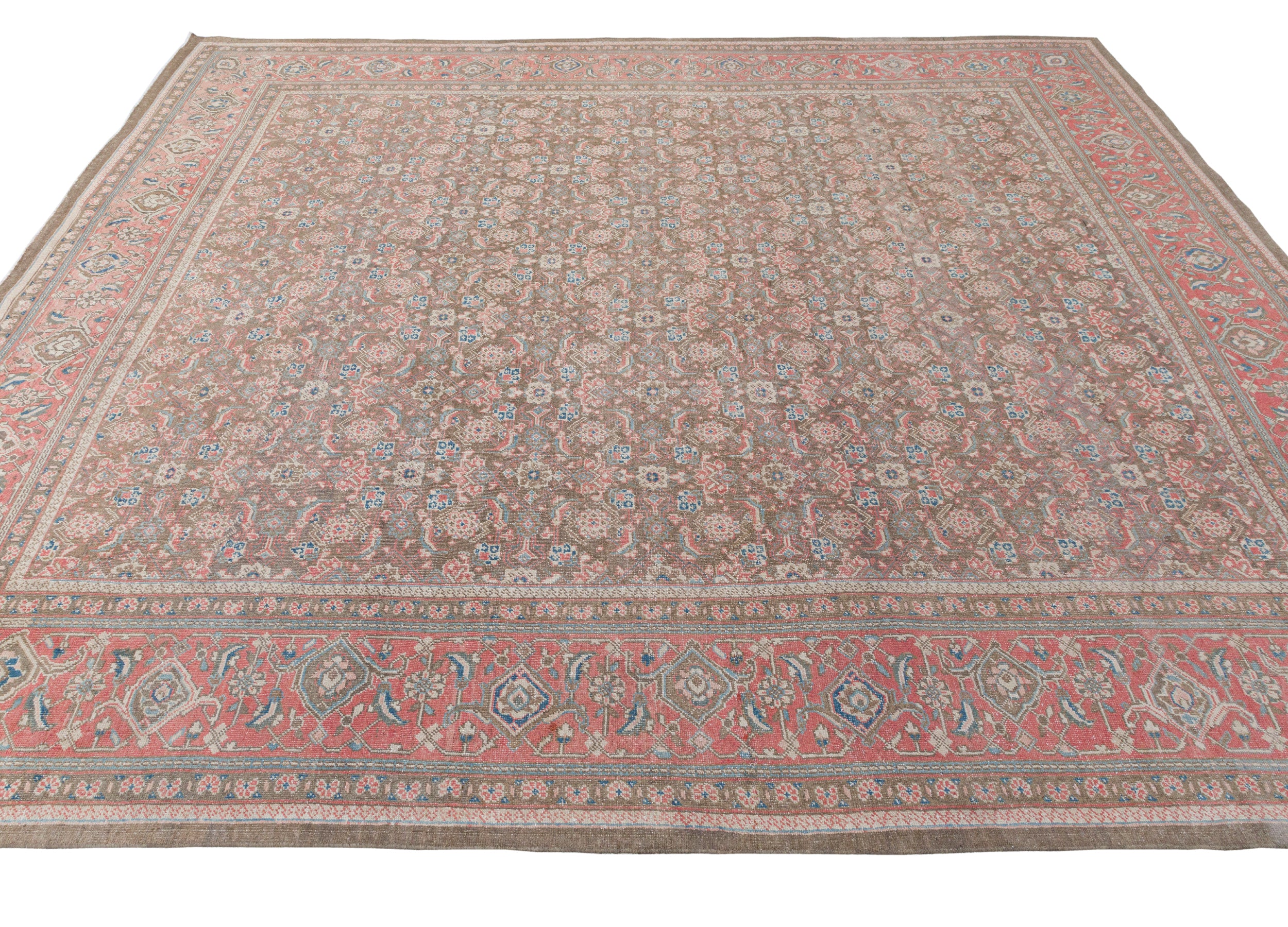 Antique Persian Rug with Brick Red Border and Floral Field Pattern