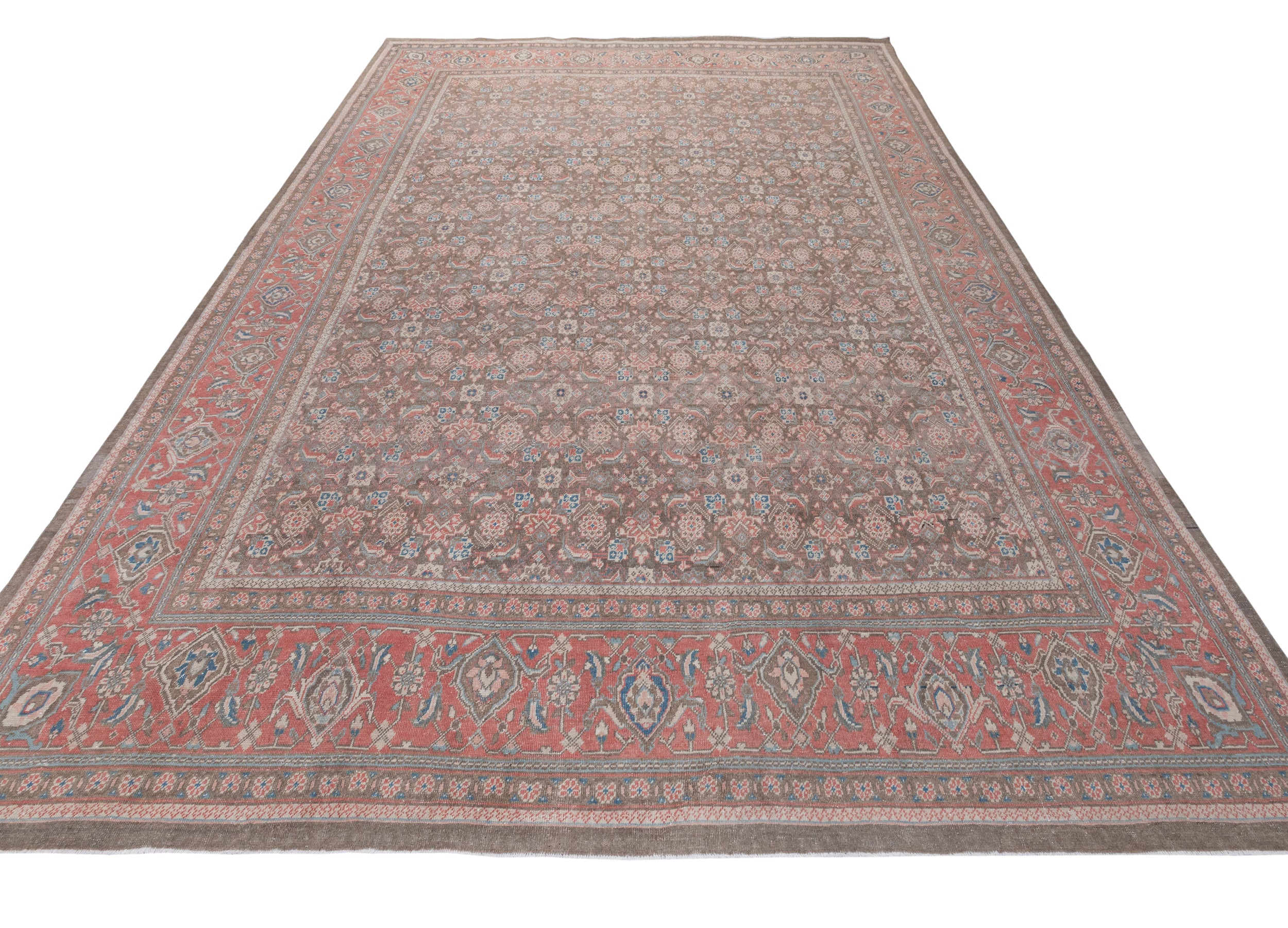 Antique Persian Rug with Brick Red Border and Floral Field Pattern