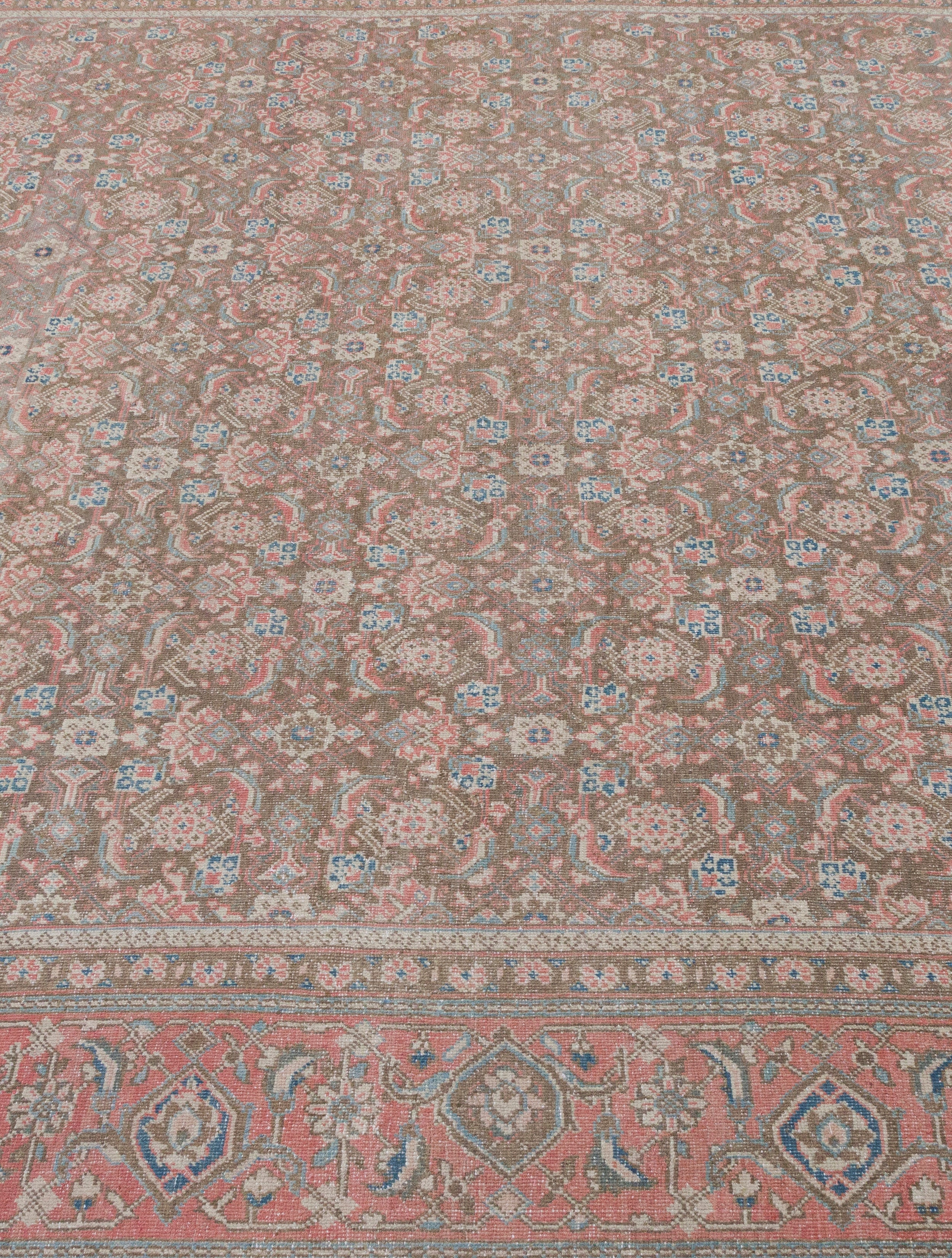Antique Persian Rug with Brick Red Border and Floral Field Pattern
