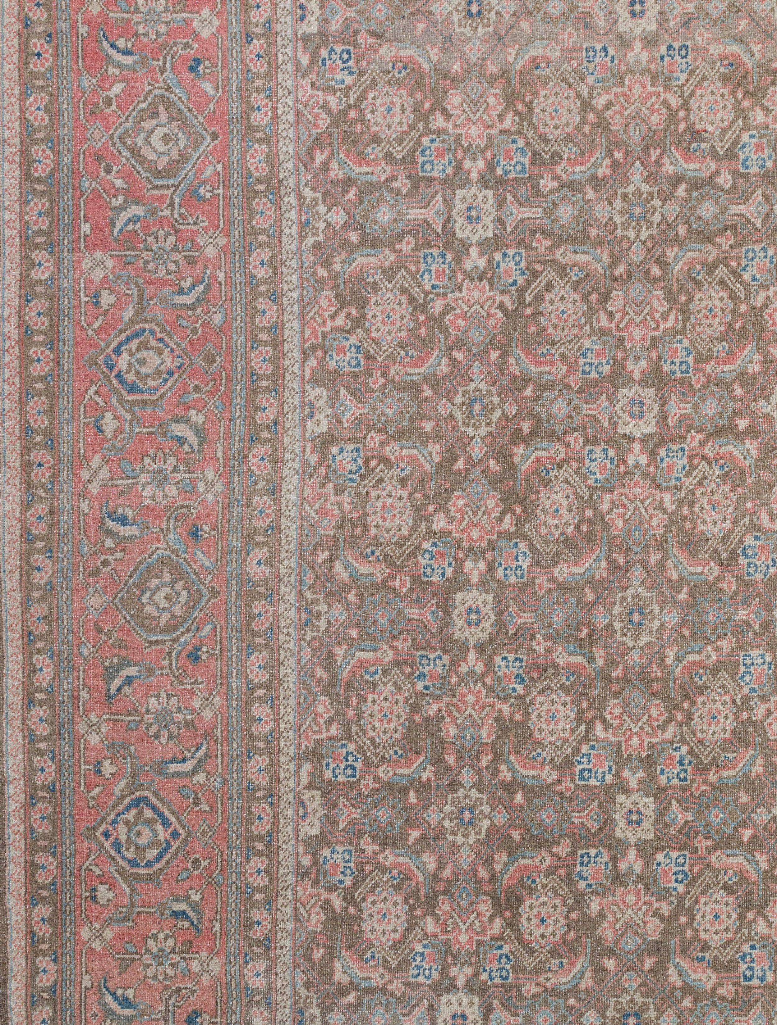 Antique Persian Rug with Brick Red Border and Floral Field Pattern