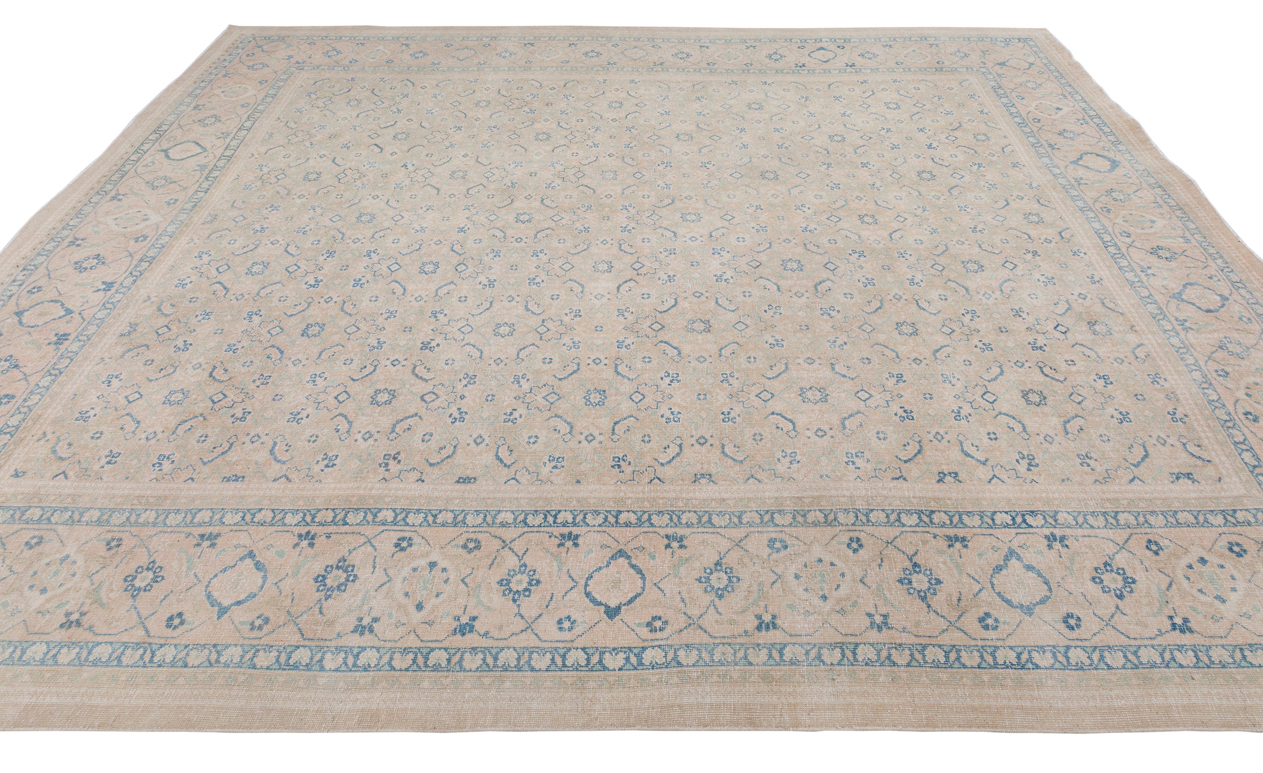 Faded Antique Persian Rug with Allover Herati Pattern in Soft Neutrals and Sky Blue