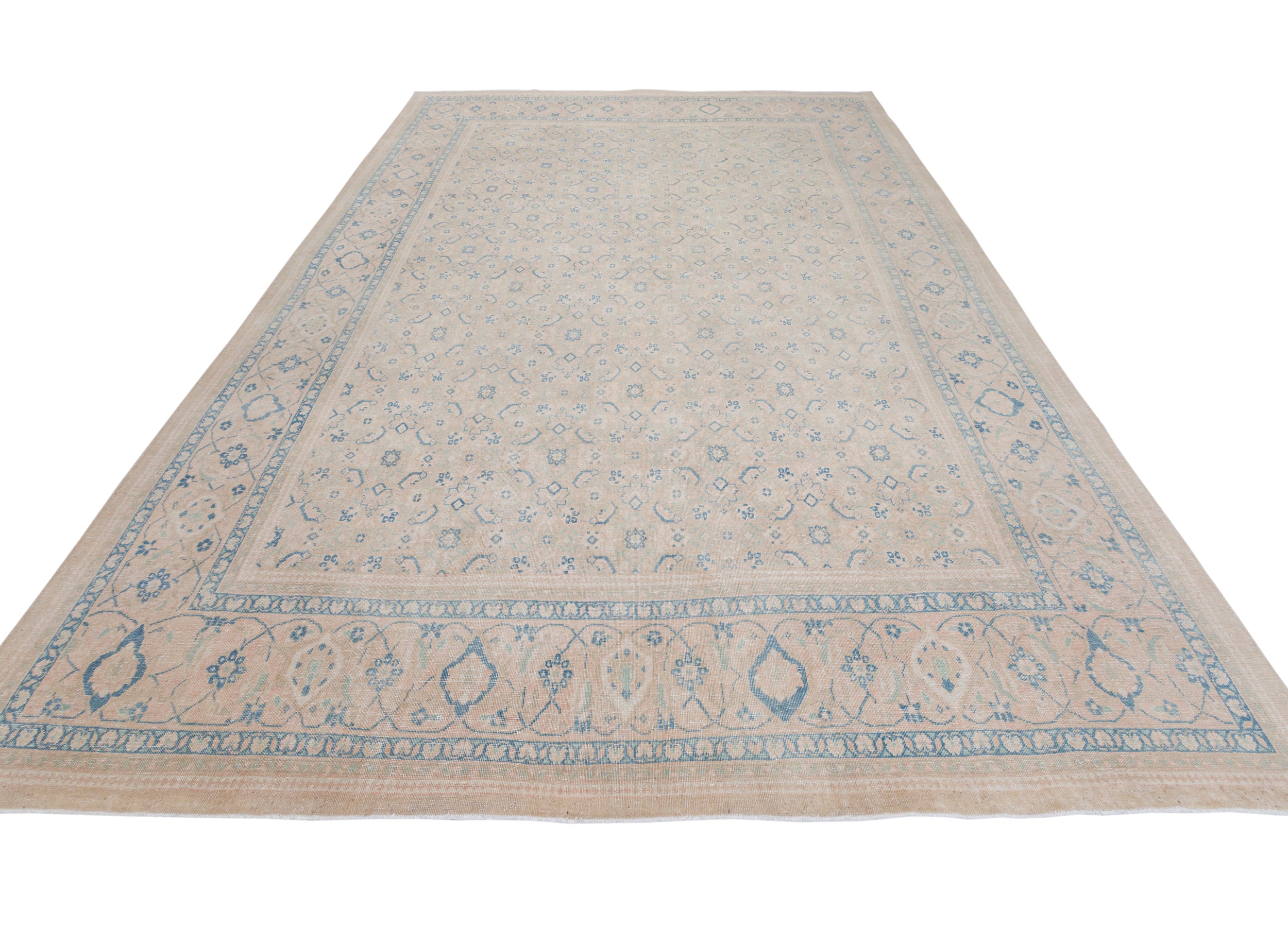 Faded Antique Persian Rug with Allover Herati Pattern in Soft Neutrals and Sky Blue
