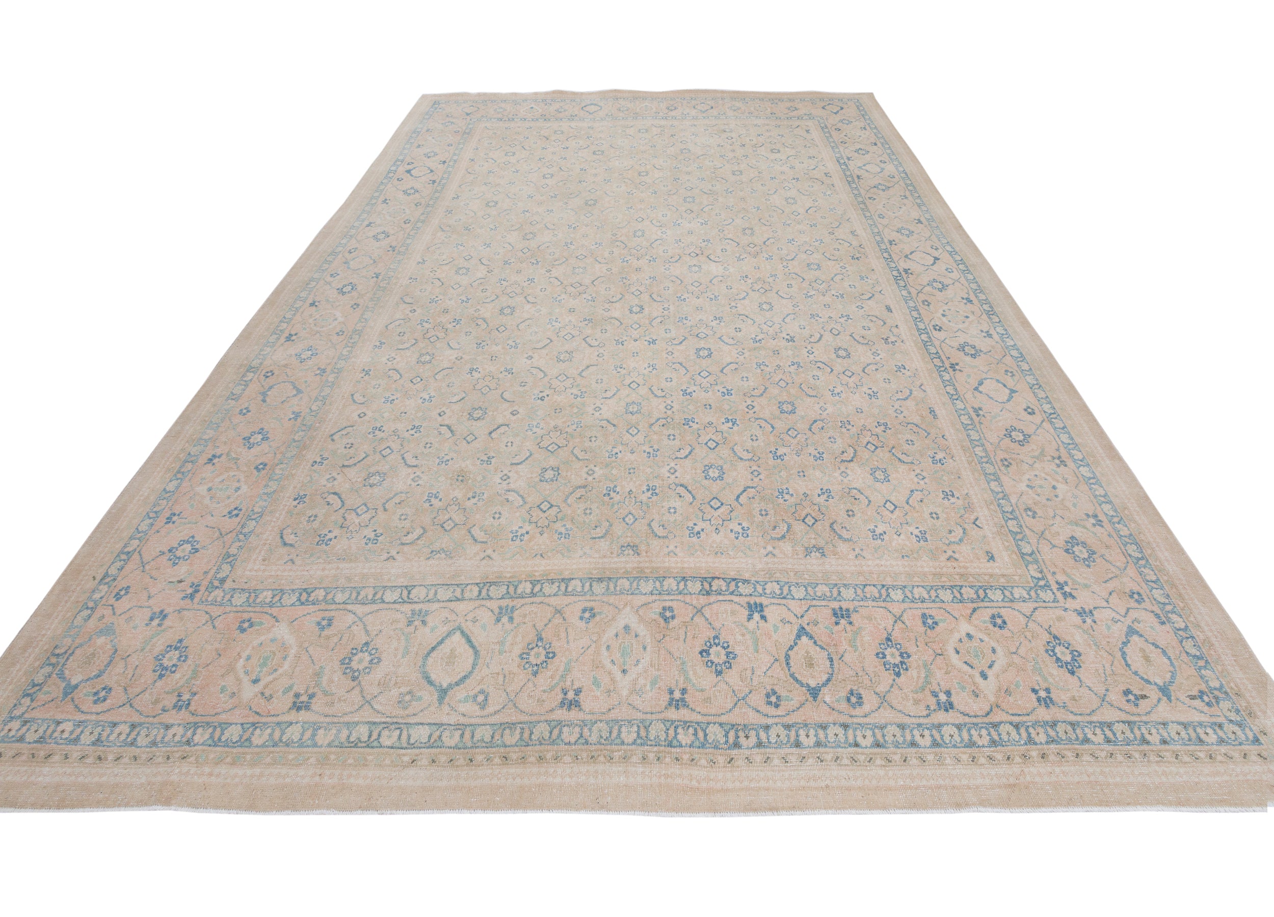 Faded Antique Persian Rug with Allover Herati Pattern in Soft Neutrals and Sky Blue