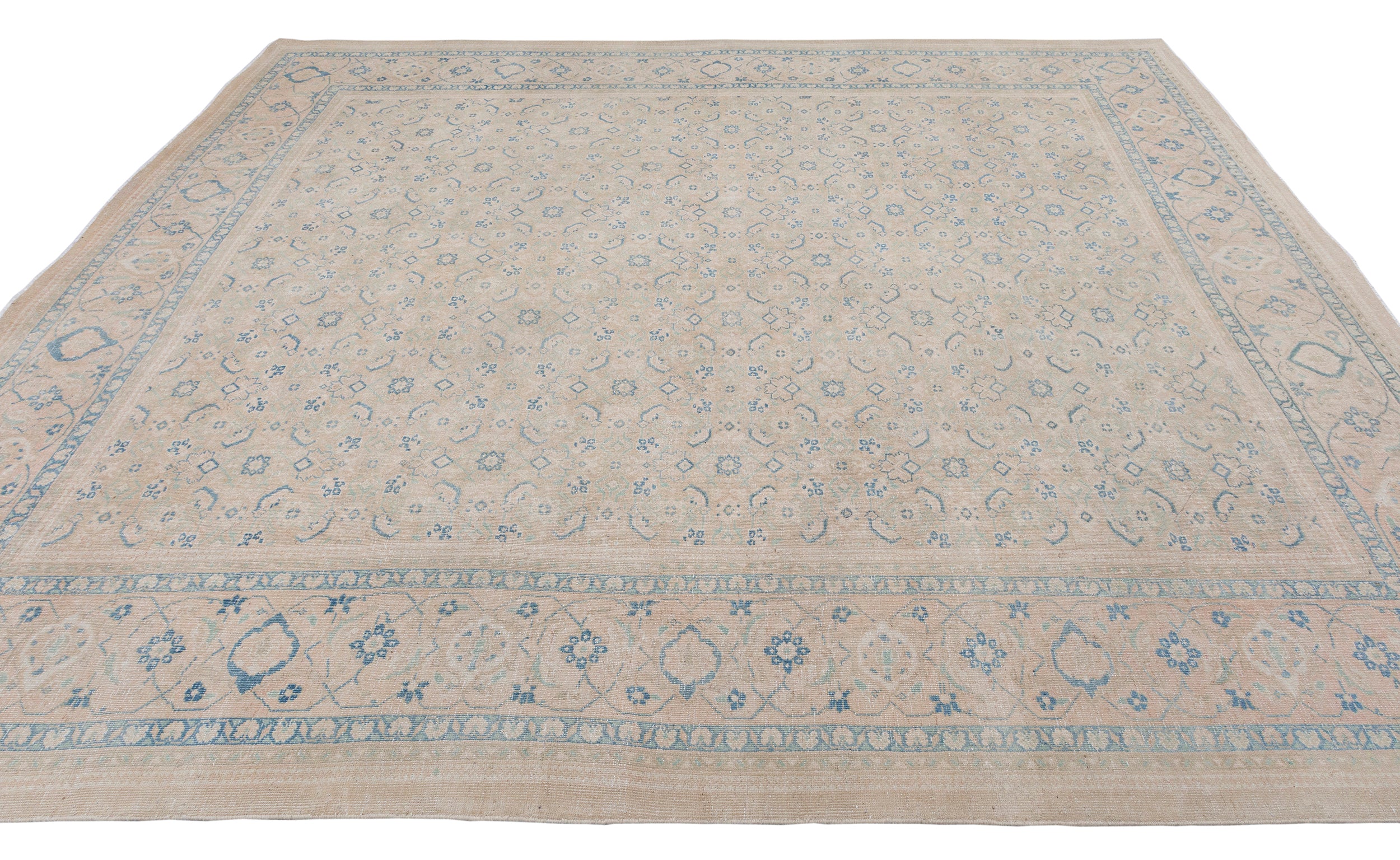 Faded Antique Persian Rug with Allover Herati Pattern in Soft Neutrals and Sky Blue