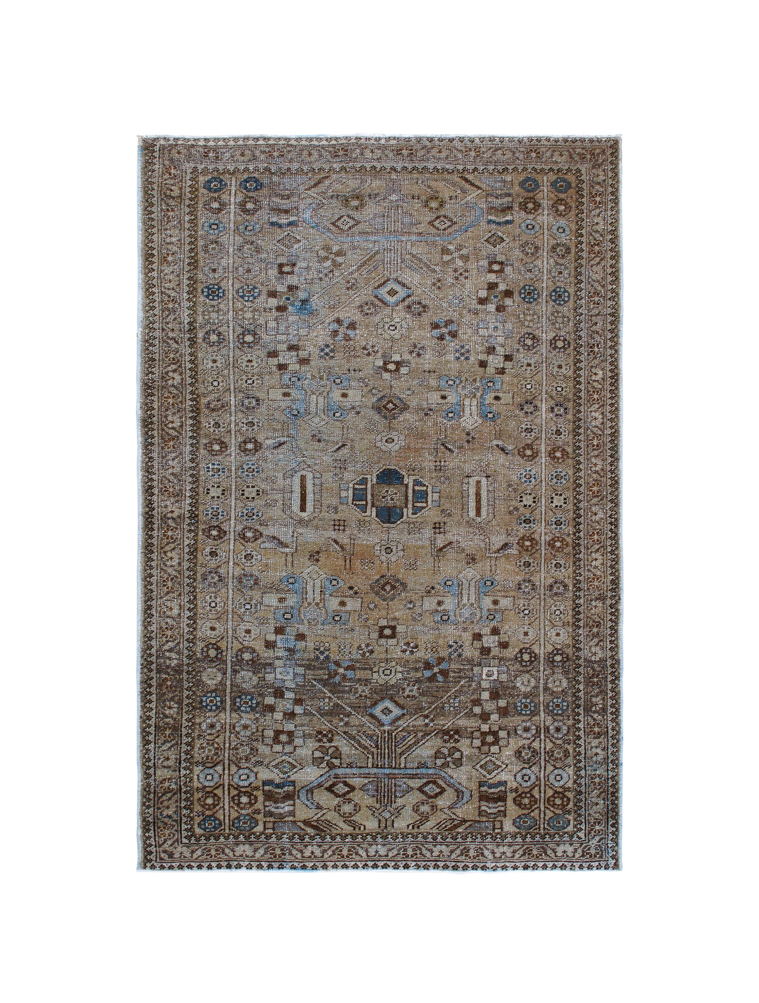 Antique Persian Rug with Tribal Medallion and Geometric Border in Earth Tones
