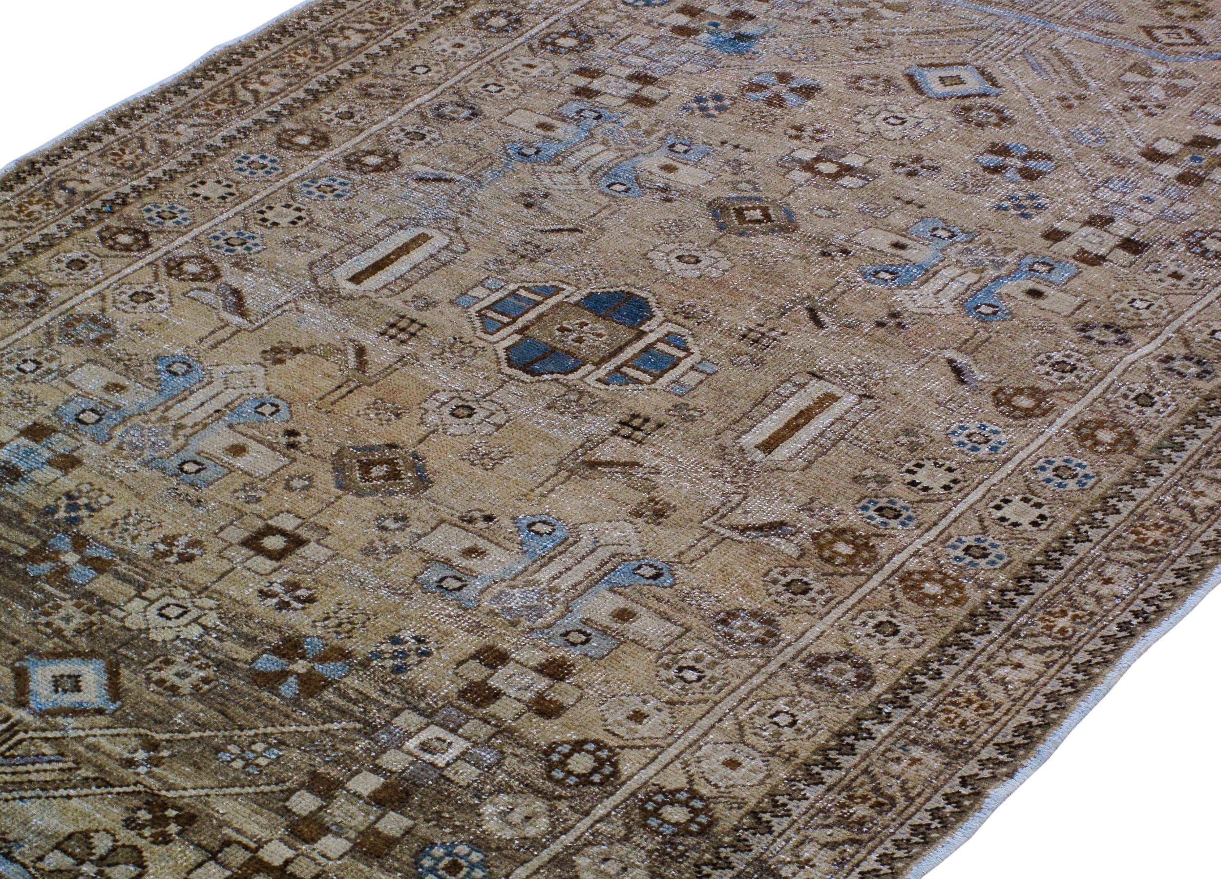 Antique Persian Rug with Tribal Medallion and Geometric Border in Earth Tones