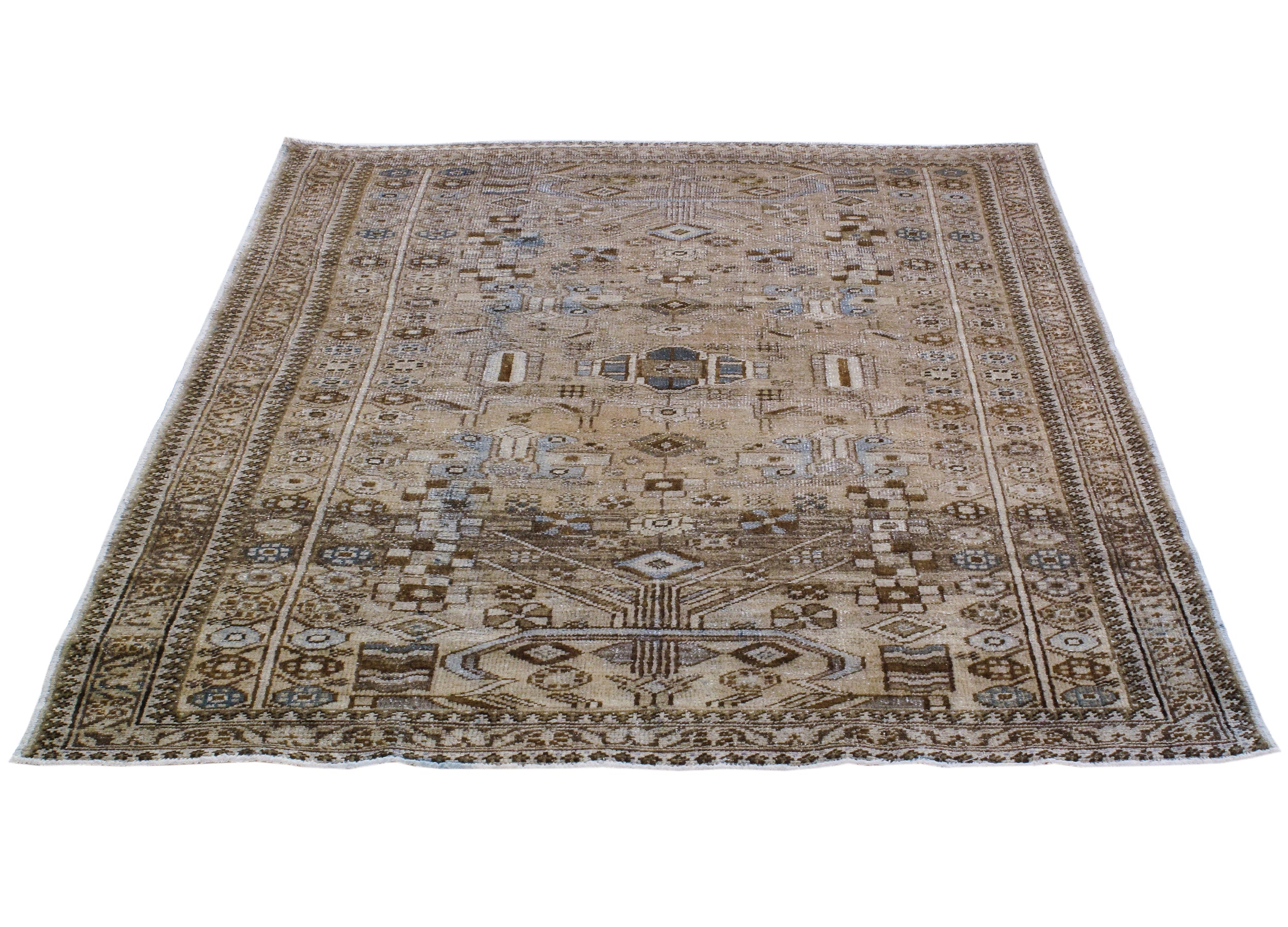 Antique Persian Rug with Tribal Medallion and Geometric Border in Earth Tones