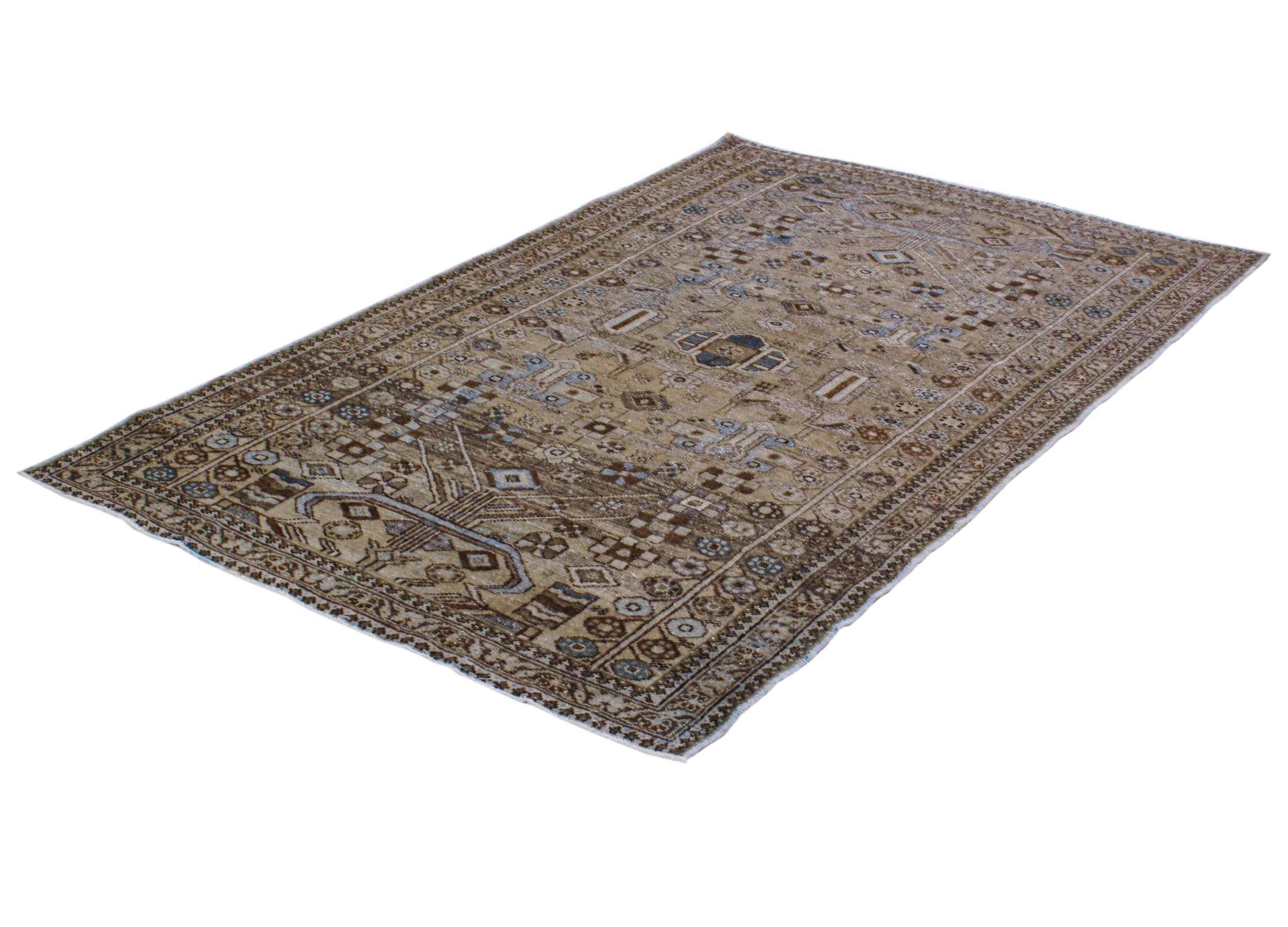 Antique Persian Rug with Tribal Medallion and Geometric Border in Earth Tones