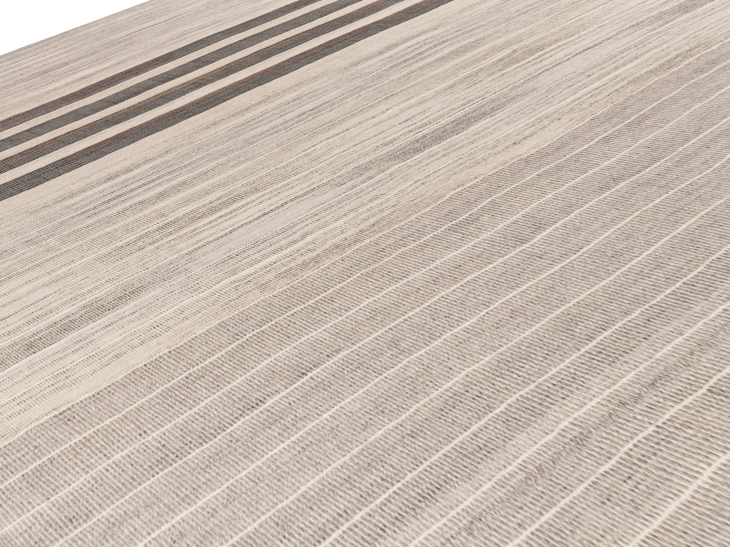 Ivory Wool Rug with Bold Charcoal and Rust Stripe Accent – Handwoven Texture