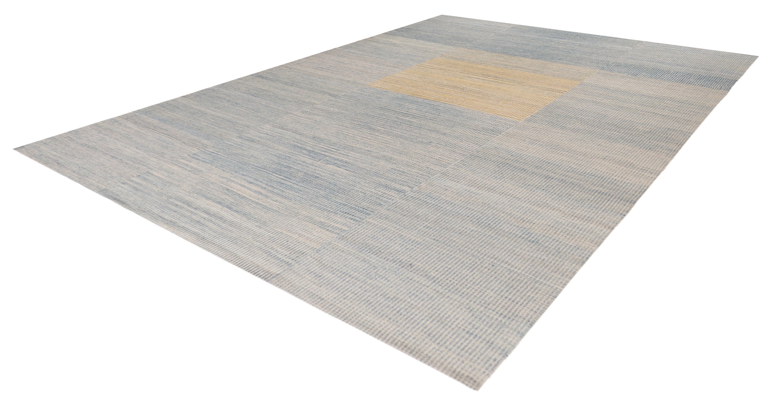 Handwoven Wool Rug in Blue and Sand with Minimalist Centered Square Design