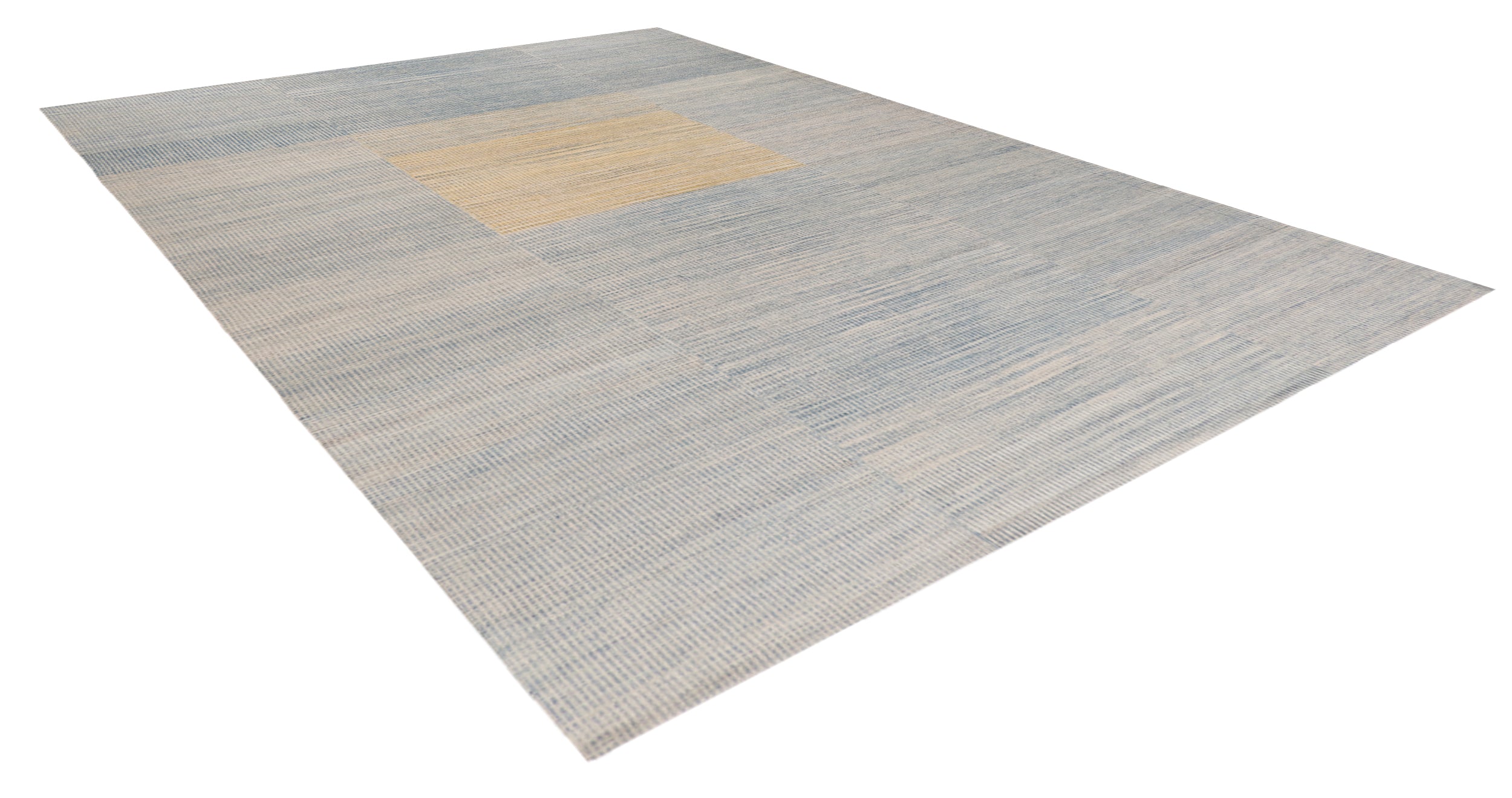 Handwoven Wool Rug in Blue and Sand with Minimalist Centered Square Design