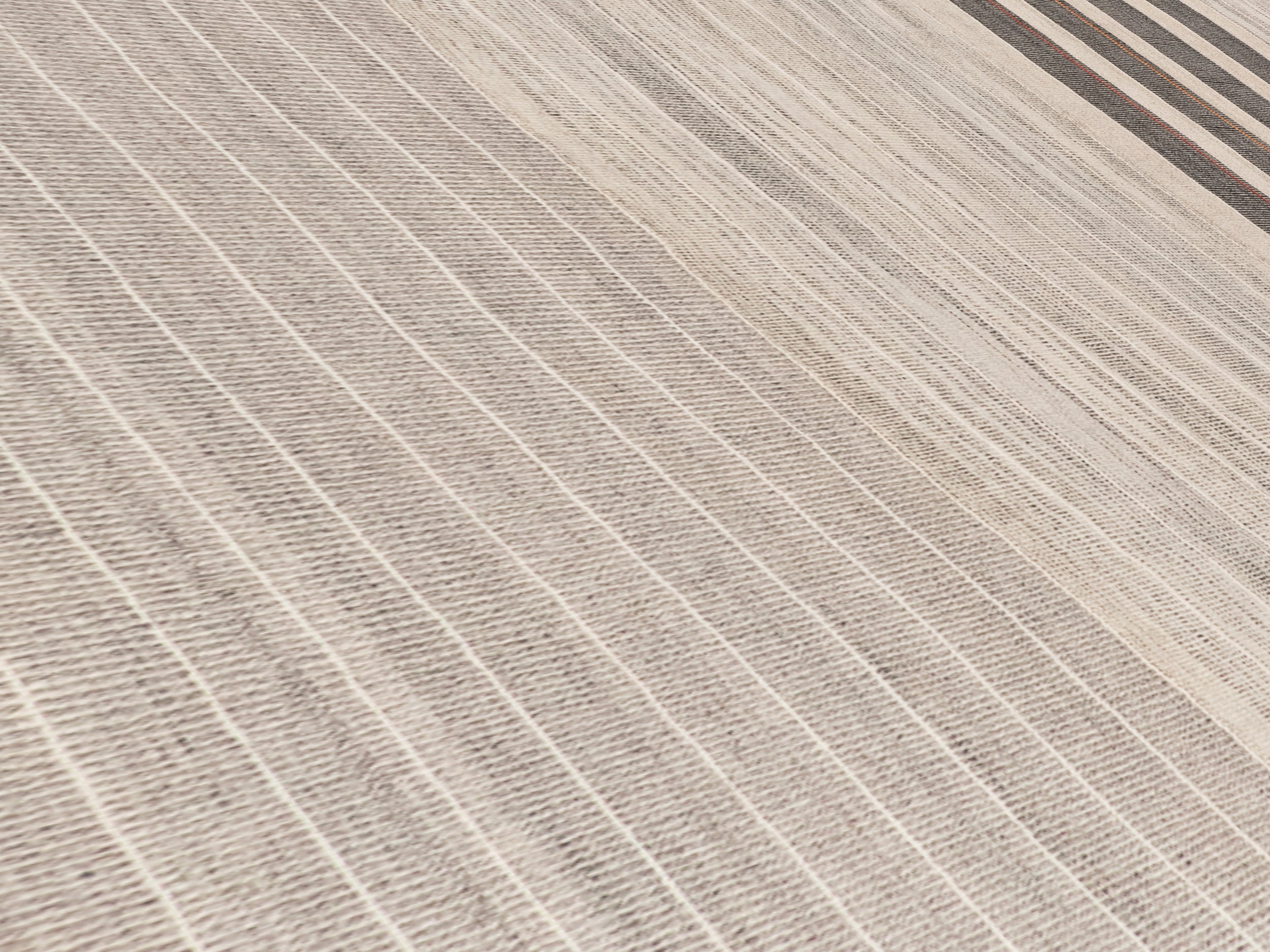 Ivory Wool Rug with Bold Charcoal and Rust Stripe Accent – Handwoven Texture