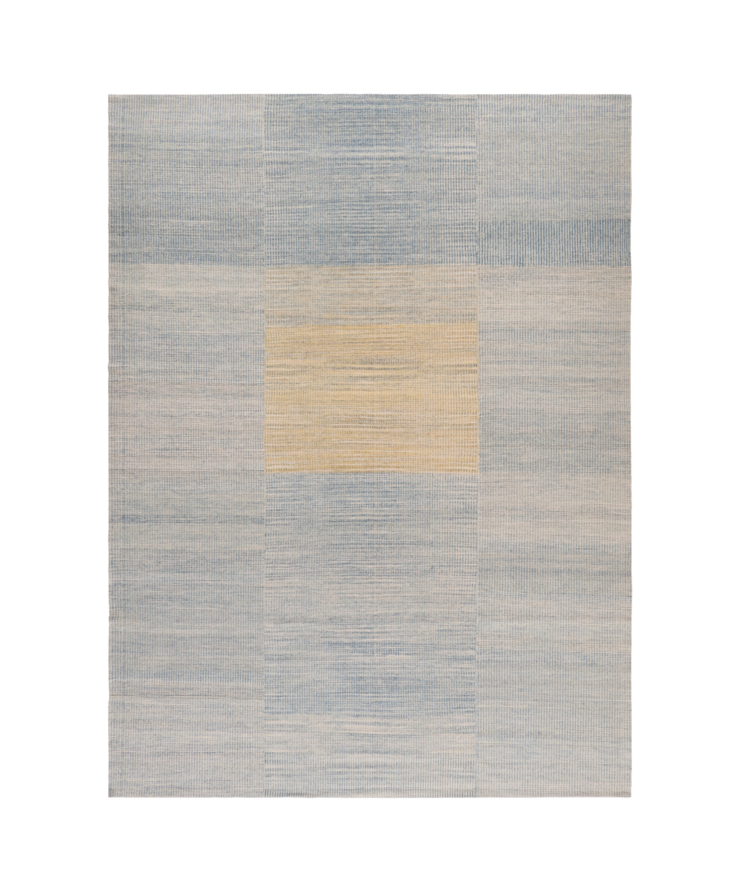 Handwoven Wool Rug in Blue and Sand with Minimalist Centered Square Design