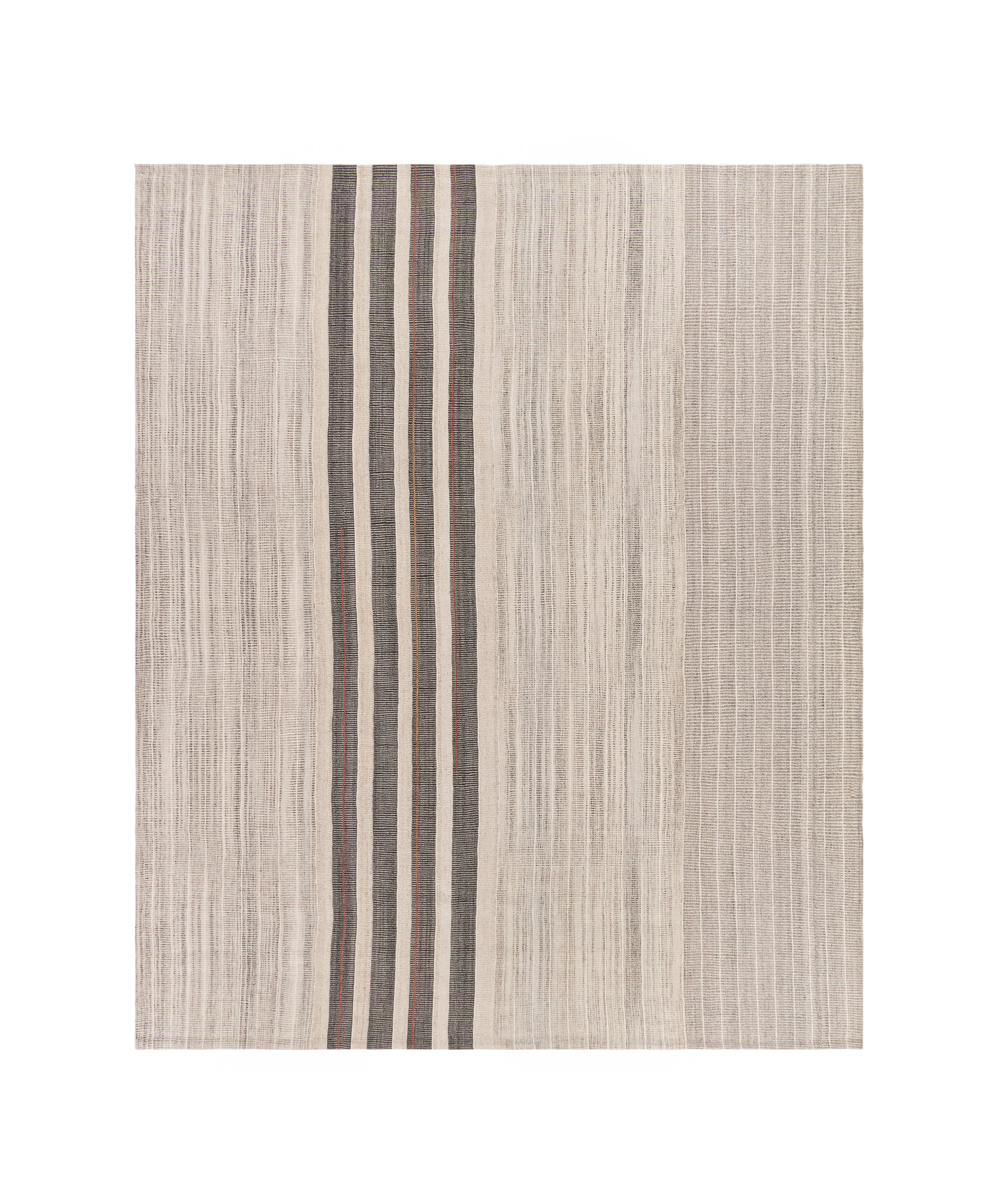Ivory Wool Rug with Bold Charcoal and Rust Stripe Accent – Handwoven Texture