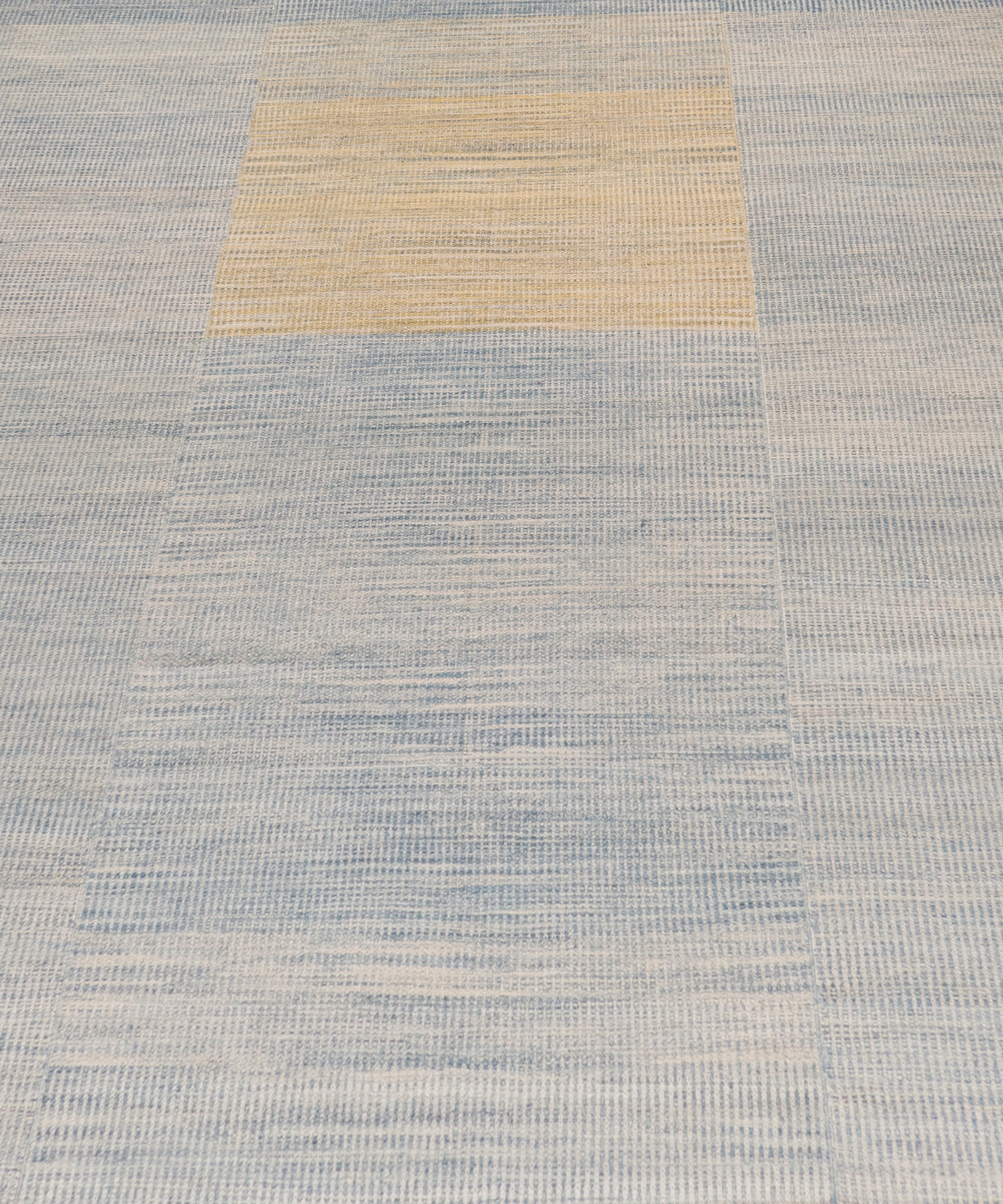 Handwoven Wool Rug in Blue and Sand with Minimalist Centered Square Design