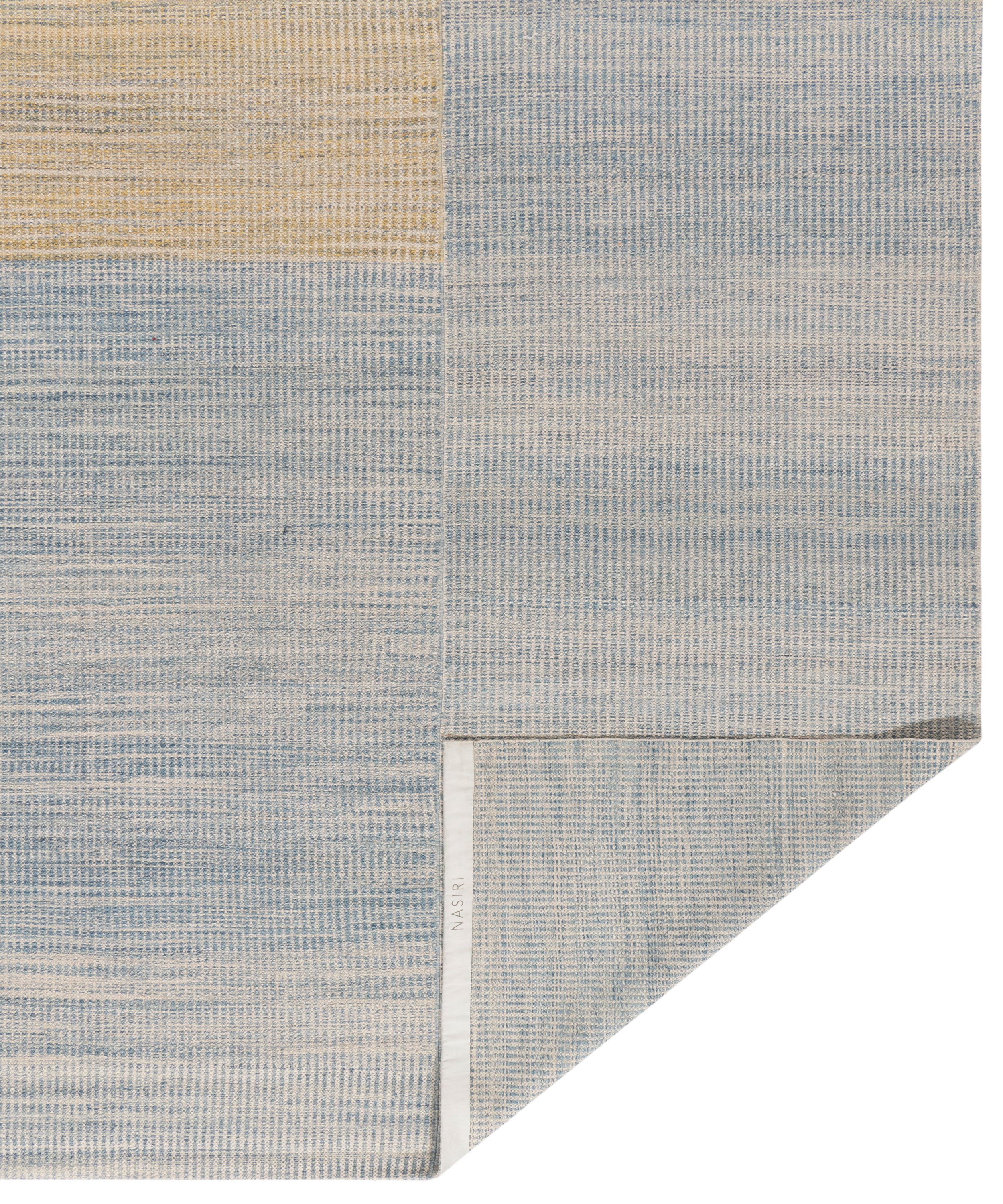 Handwoven Wool Rug in Blue and Sand with Minimalist Centered Square Design