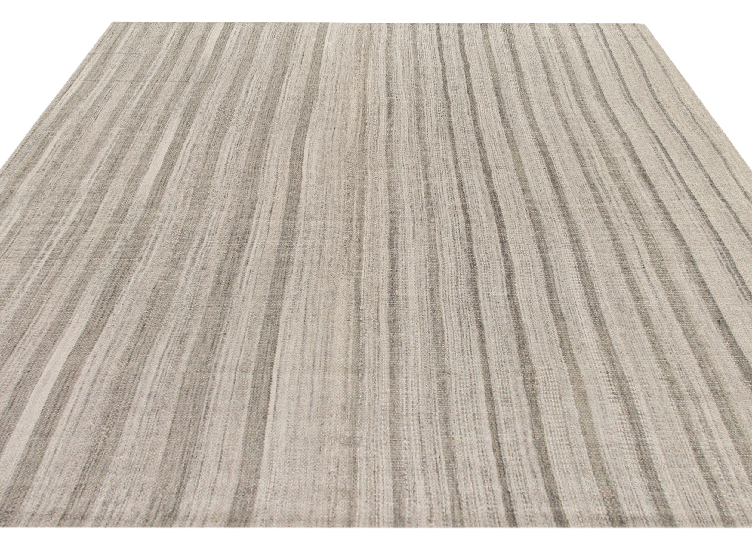 Handwoven Wool Rug in Taupe with Vertical Pinstripe Texture