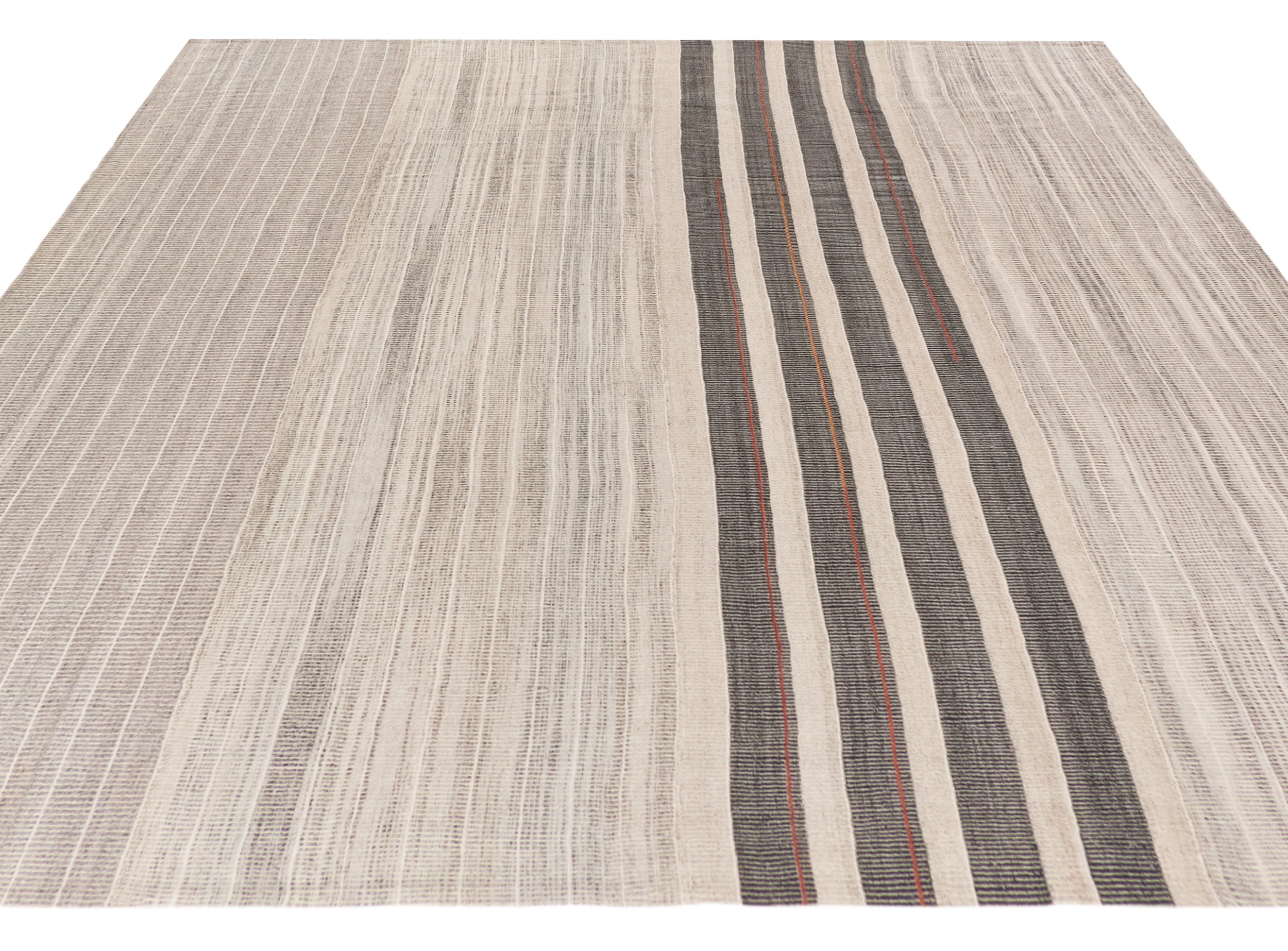 Ivory Wool Rug with Bold Charcoal and Rust Stripe Accent – Handwoven Texture