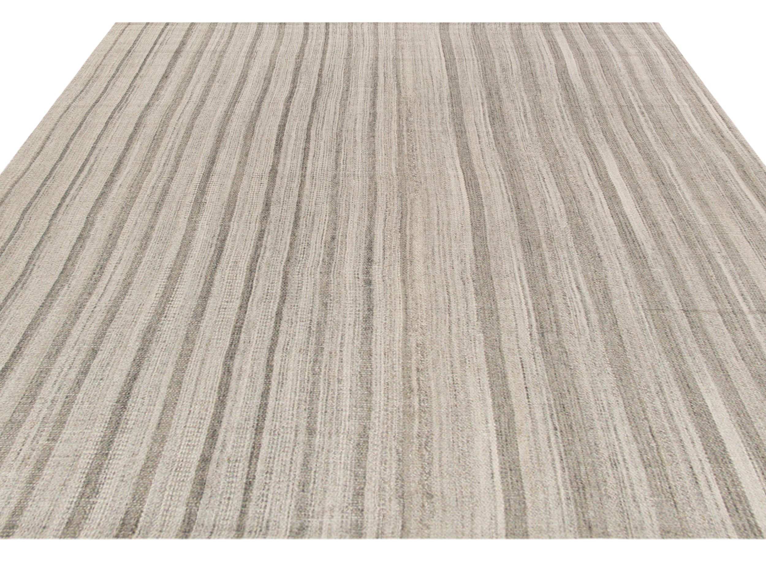 Handwoven Wool Rug in Taupe with Vertical Pinstripe Texture