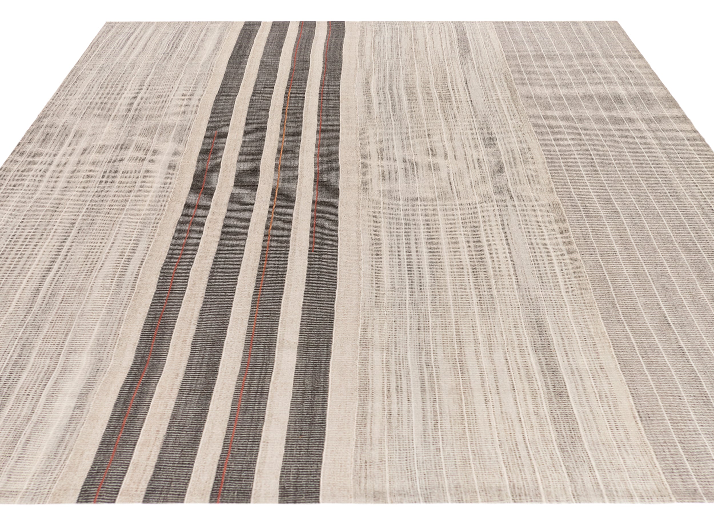 Ivory Wool Rug with Bold Charcoal and Rust Stripe Accent – Handwoven Texture