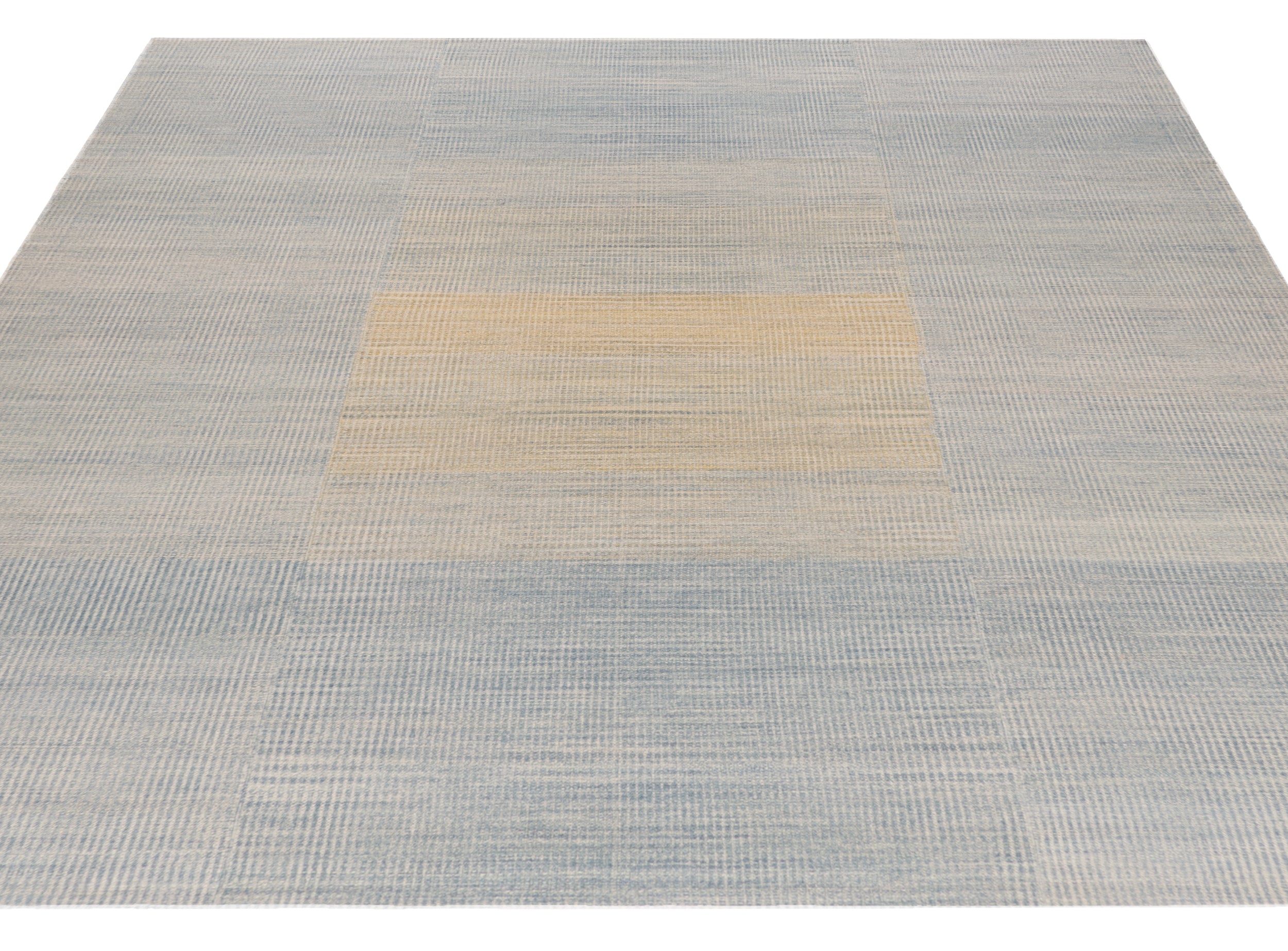 Handwoven Wool Rug in Blue and Sand with Minimalist Centered Square Design