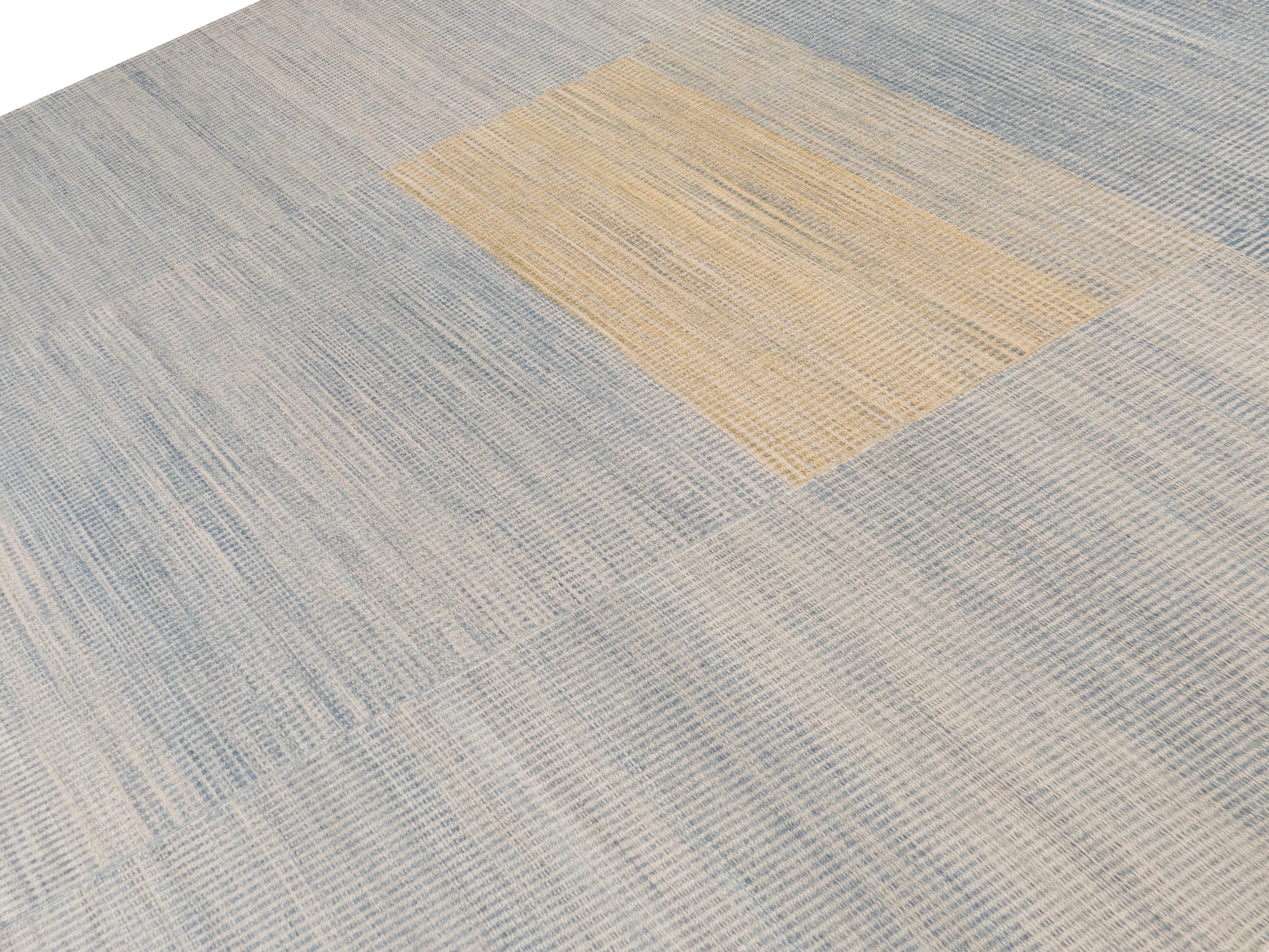 Handwoven Wool Rug in Blue and Sand with Minimalist Centered Square Design