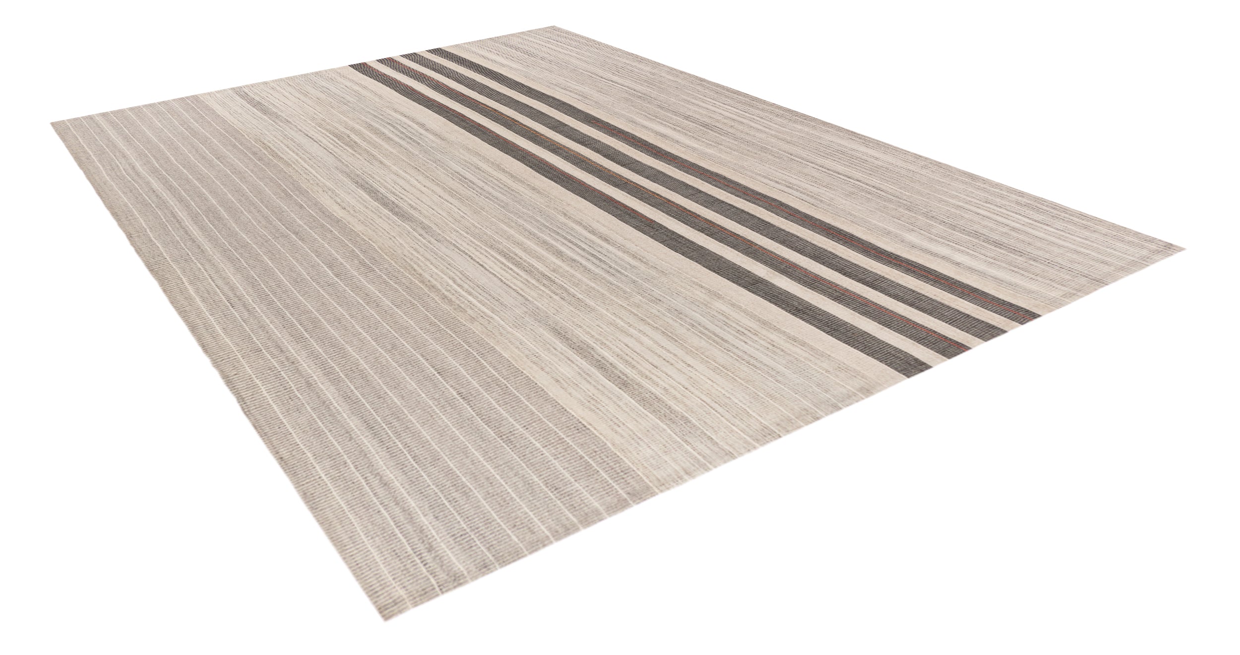 Ivory Wool Rug with Bold Charcoal and Rust Stripe Accent – Handwoven Texture