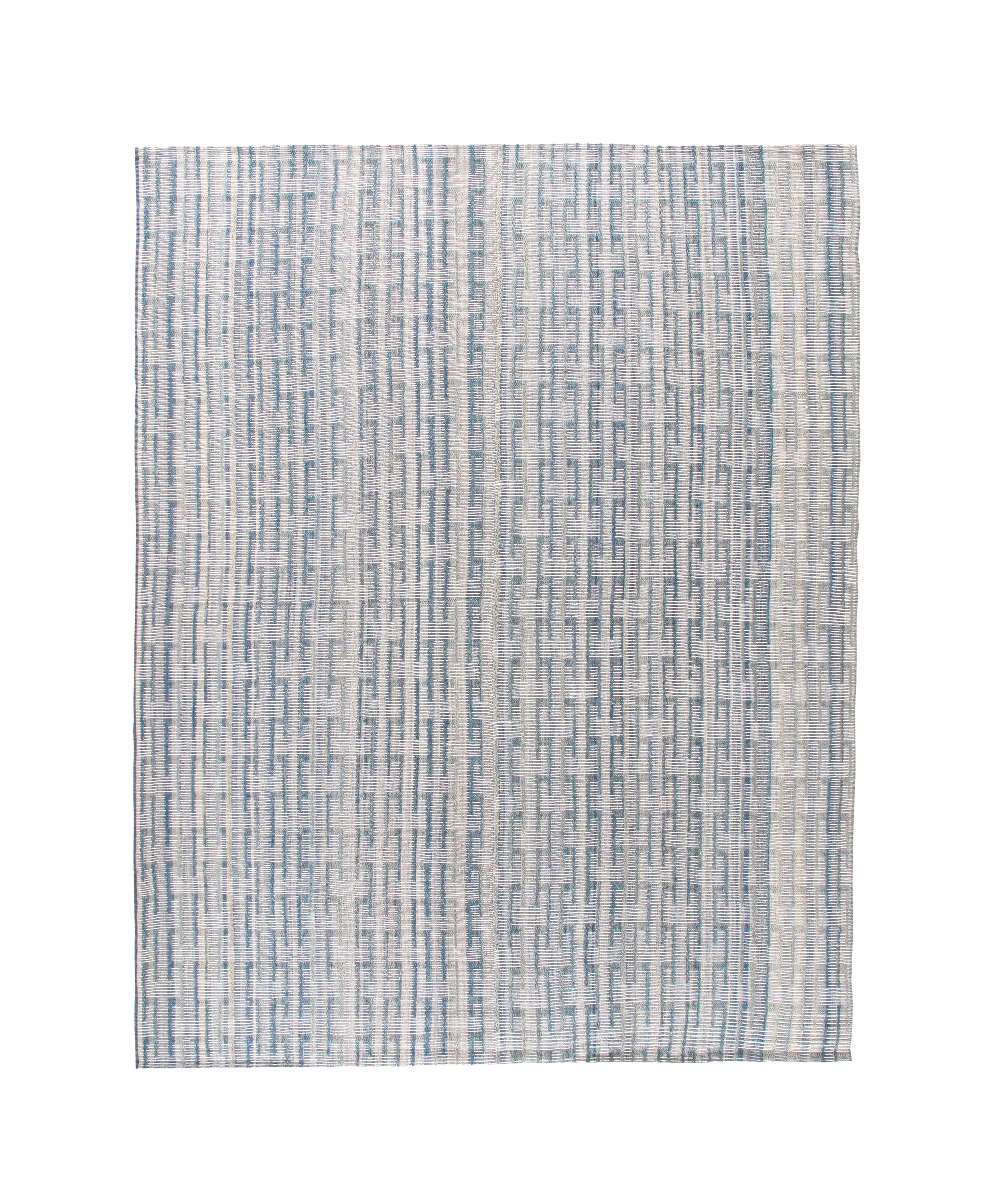 Handwoven Blue and Ivory Wool Rug with Textural Stripe Pattern