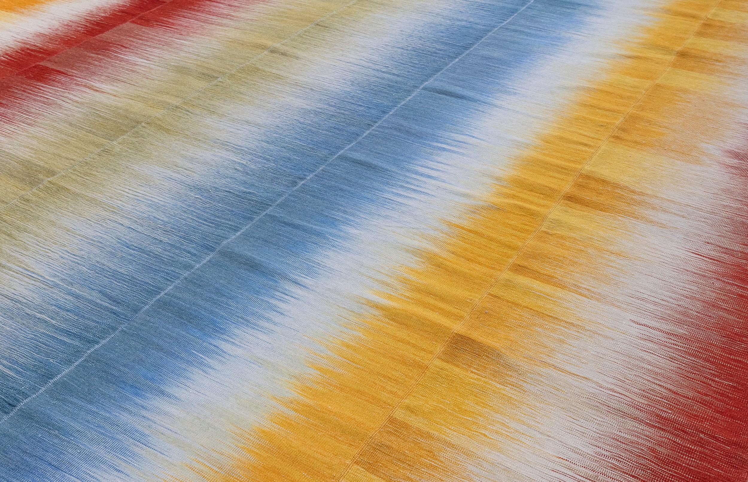 Sun Prism Wool Flatweave in Cerulean, Saffron, and Crimson Bands